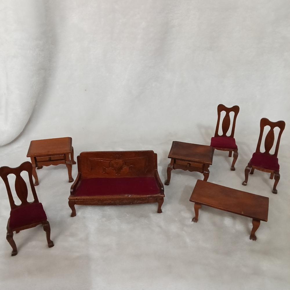 Vintage Miniature Wood Dollhouse Furniture Set 7pc Settee Chairs Tables Burgundy